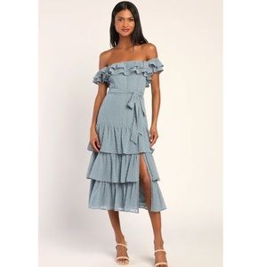 LULU’s Dear To My Heart Slate Blue Swiss Dot Tiered Ruffled Midi Dress